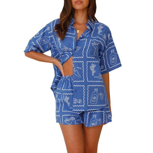 Women's 2 Piece Lounge Set Short Sleeve Lapel Button Up Tops Pattern Print Shorts Sleepwear Sets Loungewear Pajama