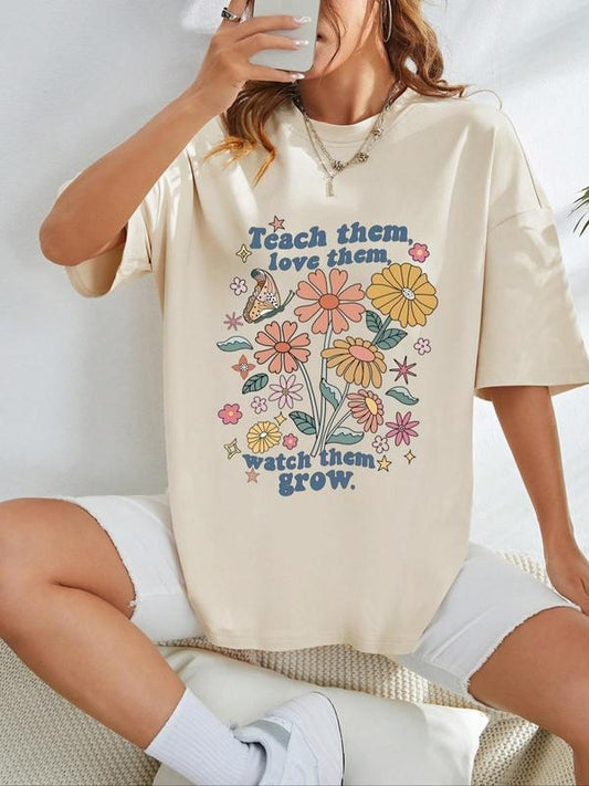 Women's Butterfly & Floral Print Drop Shoulder Tee, Summer Clothes Women, Casual Letter Graphic Round Neck Half Sleeve T-Shirt for Summer, Women's Top for Daily Wear