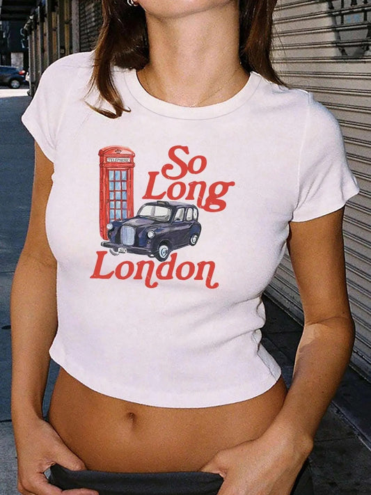 Women's Car & Letter Print Round Neck Crop Tee, Casual Short Sleeve Crew Neck T-shirt for Daily Wear, Ladies Clothes for All Seasons