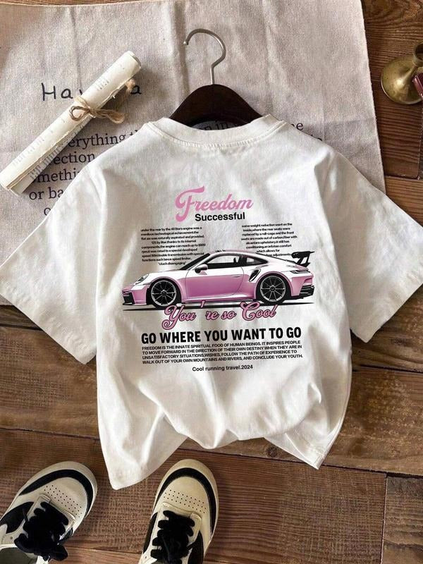 Women's Car & Letter Print Round Neck Tee, Casual Short Sleeve Crew Neck T-shirt for Daily Wear, Ladies Clothes for All Seasons
