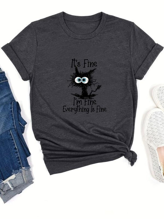 Women's Cartoon Cat & Letter Print Tee, Summer Clothes Women, Casual Graphic Round Neck Fitted T-shirt for Lady Summer, Women's Top, Street Womenswear