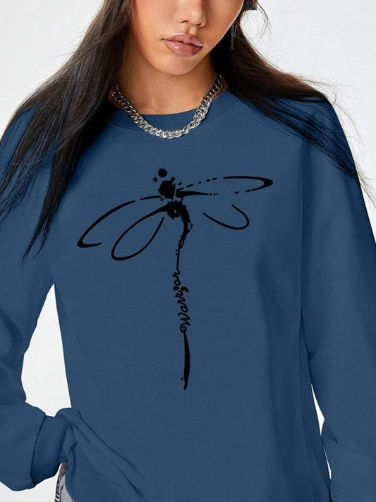Women's Cartoon Dragonfly Print Drop Shoulder Sweatshirt, Casual Long Sleeve Round Neck Pullover for Fall & Winter, Ladies Clothes for Daily Wear