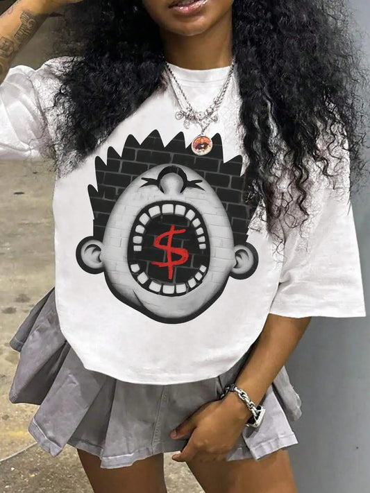 Women's Cartoon Figure Print Round Neck Tee, Fashion Casual Short Sleeve T-shirt for Daily Wear, Ladies Summer Clothes