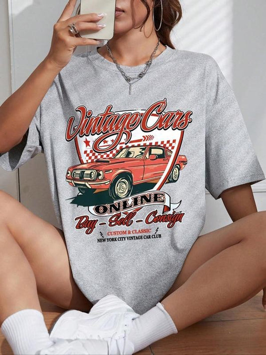 Women's Cartoon Graphic Print Crew Neck Tee, Fashion Casual Drop Shoulder Short Sleeve T-shirt for Daily Wear, Ladies Summer Clothes