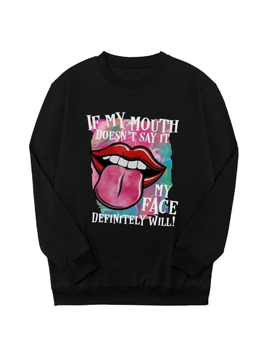 Women's Cartoon Mouth & Letter Print Drop Shoulder Sweatshirt, Casual Long Sleeve Round Neck Pullover for Daily Wear, Women's Clothing for All Seasons
