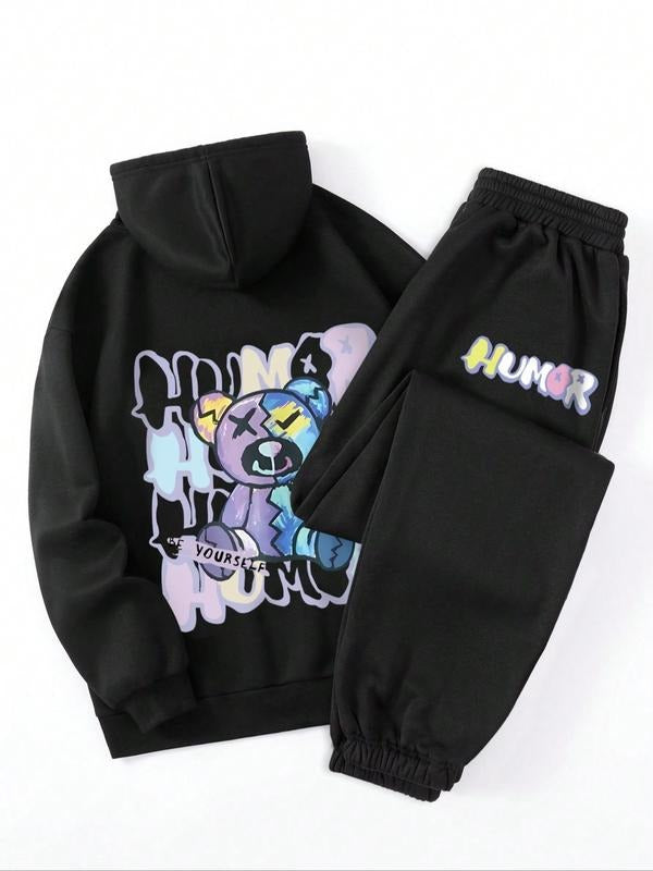 Women's Cartoon Print Drop Shoulder Hoodie & Drawstring Waist Sweatpants Set, Fashion Casual Letter Graphic Hooded Sweatshirt & Jogger Pants, Ladies Clothes