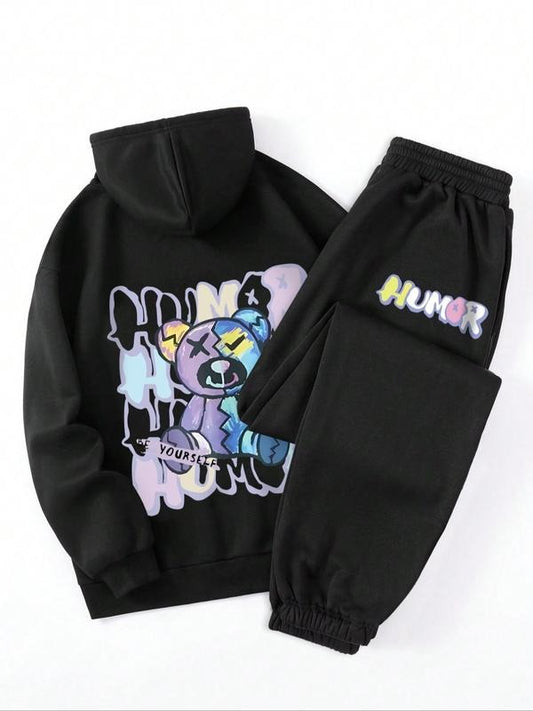 Women's Cartoon Print Drop Shoulder Hoodie & Drawstring Waist Sweatpants Set, Fashion Casual Letter Graphic Hooded Sweatshirt & Jogger Pants, Ladies Clothes