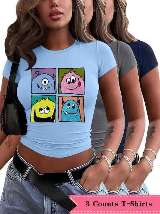 Women's Cartoon Print Round Neck Tee, Fashion Casual Crew Neck T-shirt for Daily Holiday Vacation Outdoor Wear, Ladies Clothes for All Seasons, Top