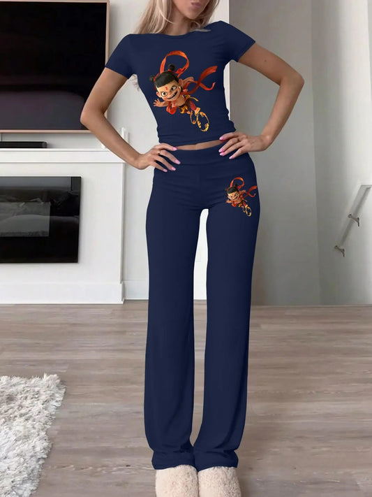 Women's Cartoon Print Tee & Pants Two-piece Set, Casual Round Neck Short Sleeve T-shirt & Trousers for Daily Wear, Ladies Two-piece Outfits for All Seasonsstyle{n002}2