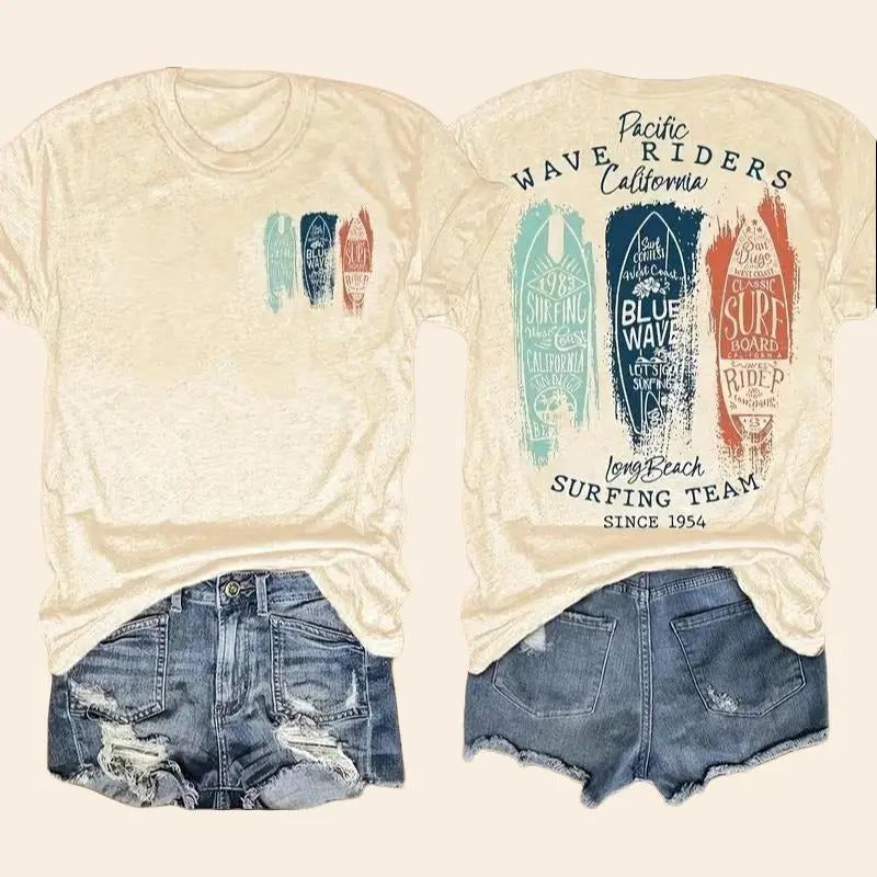 Women's Casual Graphic Print T-Shirt - Short Sleeve Crew Neck, Surfing Team Design, Soft Viscose Blend, Perfect for Summer & Spring, White