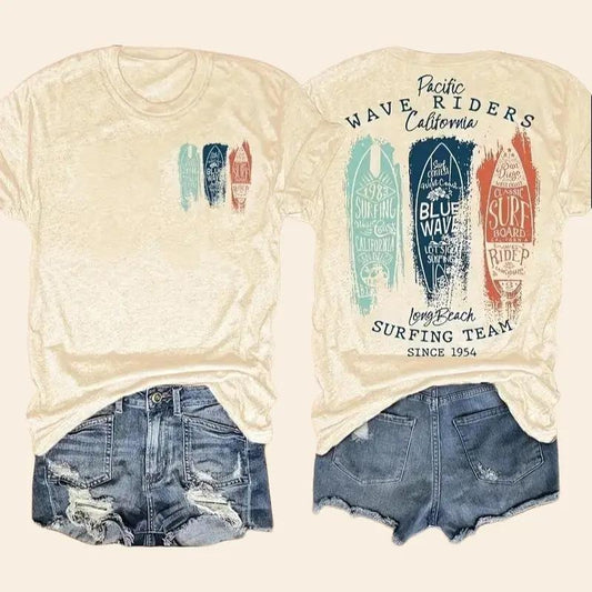 Women's Casual Graphic Print T-Shirt - Short Sleeve Crew Neck, Surfing Team Design, Soft Viscose Blend, Perfect for Summer & Spring, White