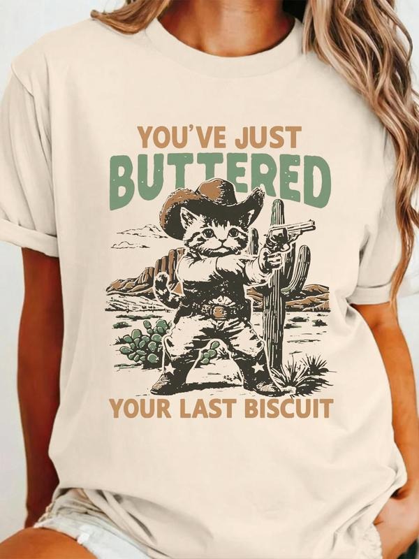 Women's Cat Cactus & Desert Print Round Neck Graphic Tee, Vintage Trendy Casual Short Sleeve T-shirt for Daily Wear, Ladies Summer Outfit, Top