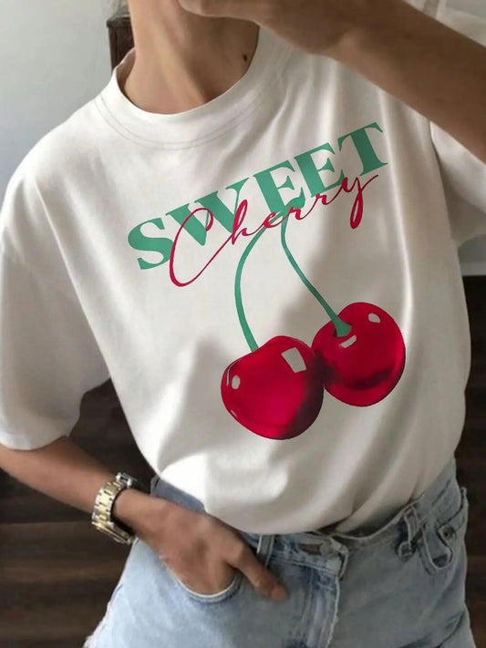 Women's Cherry & Letter Print Drop Shoulder Tee, Casual Half Sleeve Round Neck T-shirt for Daily Wear, Ladies Clothes for All Seasonsstyle{n002}2