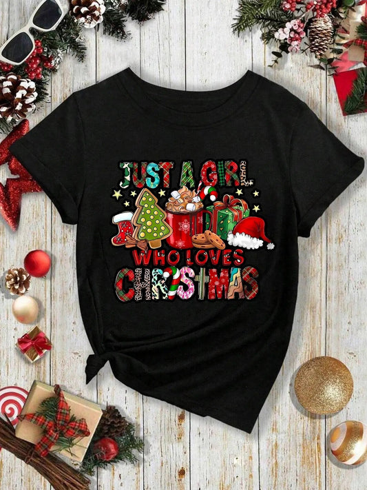 Women's Christmas Cartoon Santa Hat & Letter Print Round Neck Tee, Casual Short Sleeve Crew Neck T-Shirt for Daily Holiday Vacation Outdoor Wear, Ladies Clothes for All Seasons
