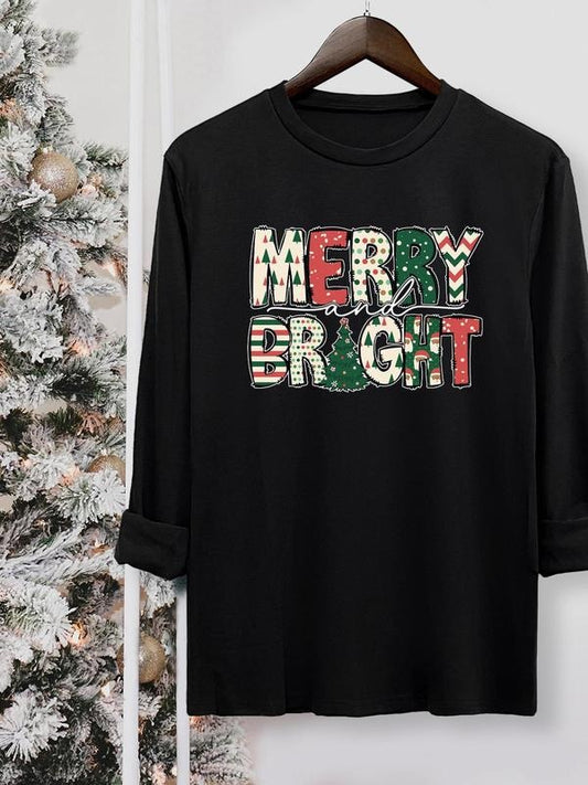 Women's Christmas Letter Print Round Neck Tee, Casual Long Sleeve Crew Neck T-shirt for Fall & Winter, Women's Top for Daily Wear