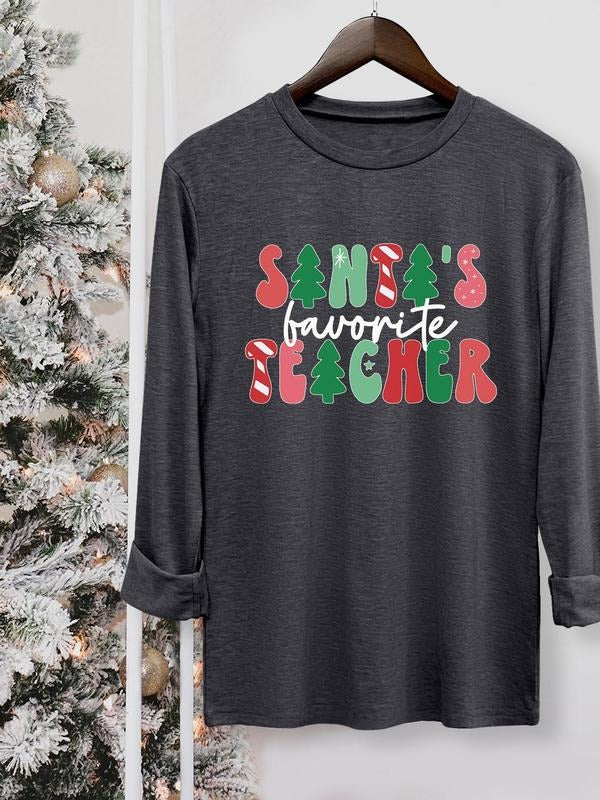 Women's Christmas Letter Print Round Neck Tee, Casual Long Sleeve Crew Neck T-shirt for Fall & Winter, Women's Top for Daily Wearstyle{n002}4