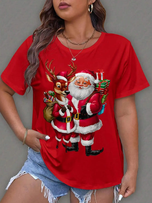 Women's Christmas Reindeer & Santa Claus Print Round Neck Tee, Casual Short Sleeve Crew Neck T-Shirt for Daily Wear, Ladies Clothes for All Seasons