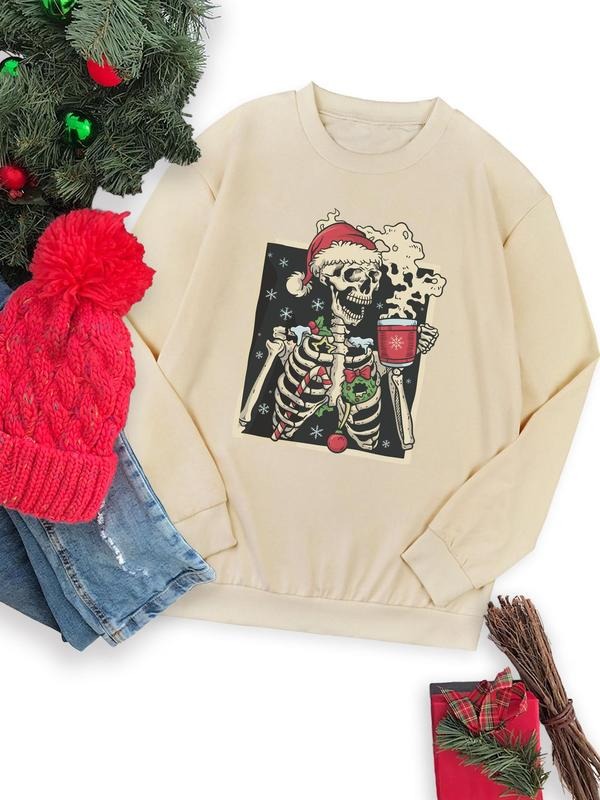 Women's Christmas Skeleton Print Drop Shoulder Sweatshirt, Casual Long Sleeve Round Neck Pullover for Daily Wear, Ladies Fall & Winter Clothes