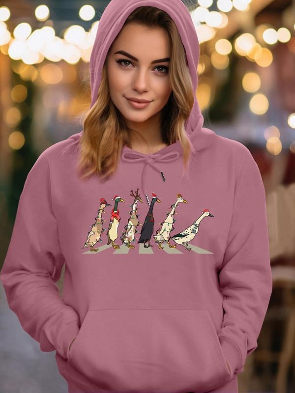 Women's Christmas Themed Cartoon Goose Print Drawstring Pocket Hoodie, Casual Long Sleeve Hooded Sweatshirt for Fall & Winter, Women's Clothes for Daily Wear