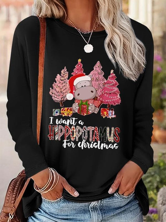 Women's Christmas Themed Cartoon Print Round Neck Tee, Casual Long Sleeve Crew Neck T-shirt  for Fall & Winter, Women's Clothes for Daily Wear