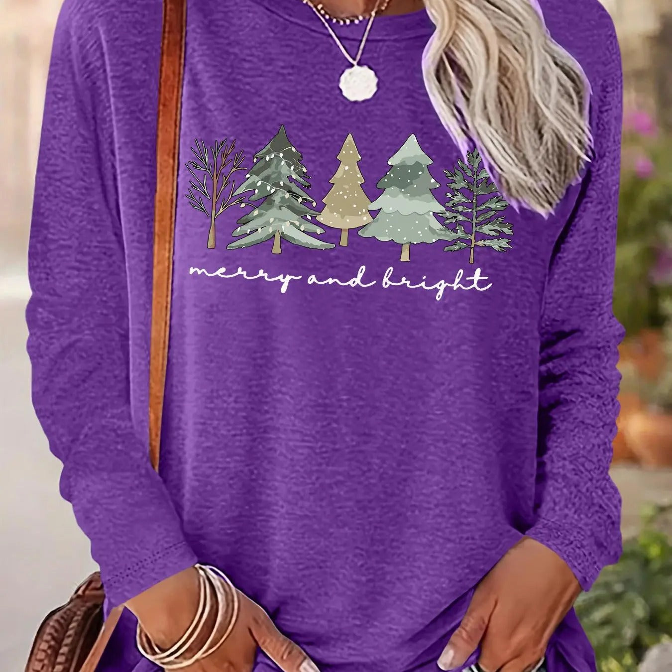 Women's Christmas Tree & Letter Print Crew Neck Tee, Casual Long Sleeve T-shirt for Fall & Winter, Women's Top for Daily Wear