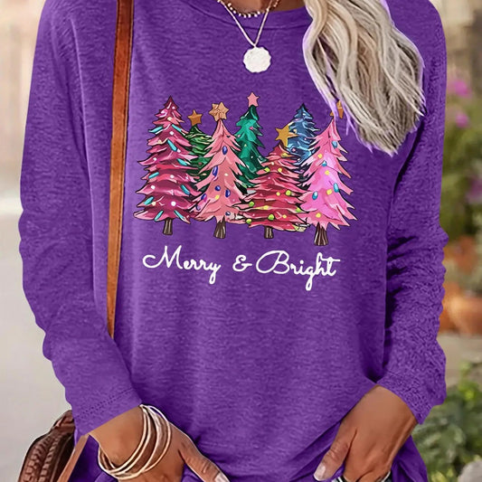 Women's Christmas Tree Print Drop Shoulder Tee, Casual Long Sleeve Round Neck Pullover for Daily Wear, Ladies Fall & Winter Clothes
