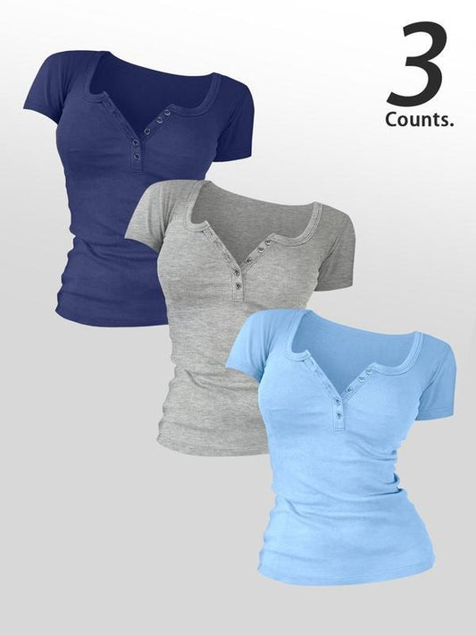 Women's Colorblock Round Neck Button Tee, Casual Short Sleeve T-shirt for Daily Wear, Ladies Clothes for All Seasons, Top