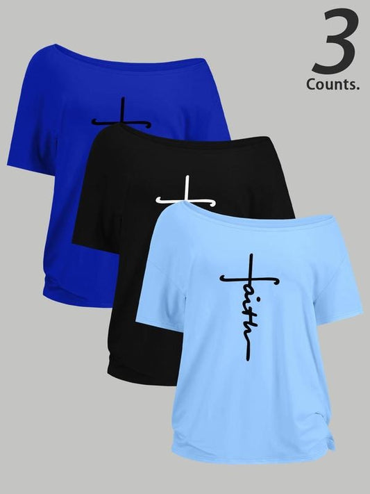 Women's Cross Print One Shoulder Tee, Casual Short Sleeve T-shirt for Daily Wear, Ladies Clothes for All Seasons, Top