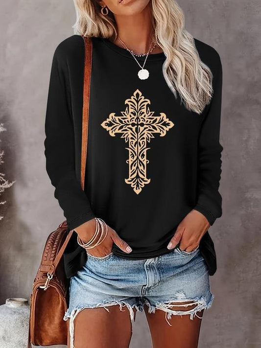 Women's Cross Print Round Neck Tee, Casual Long Sleeve Crew Neck T-shirt for Spring & Fall, Women's Top for Daily Wear