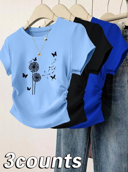 Women's Dandelion & Butterfly Print Tee, Casual Short Sleeve T-shirt for Daily Wear, Ladies Clothes for All Seasons, Top