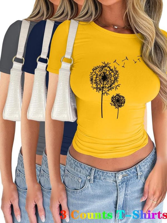 Women's Dandelion Print Short Sleeve Tee, Casual Round Neck T-shirt for Summer, Ladies Clothes for Daily Wear, Top