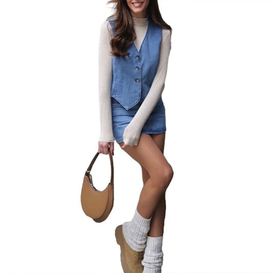 Women's Denim Waistcoat Sleeveless V-Neck Cropped Tank Tops Button Up Jean Vintage Crop Jackets Cotton Vest