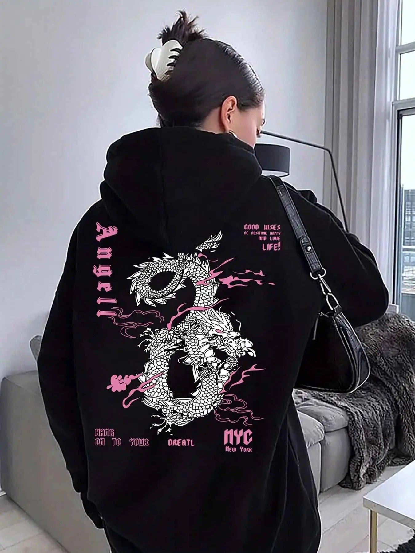 Women's Dragon & Letter Print Drop Shoulder Hoodie, Fashion Casual Drawstring Pocket Hooded Sweatshirt for Daily Holiday Outdoor Wear, Women Clothing for Fall & Winter
