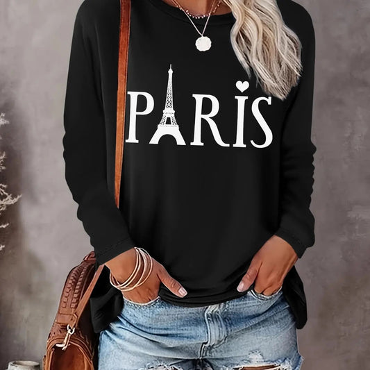 Women's Eiffel Tower & Letter Print Drop Shoulder Sweatshirt, Casual Long Sleeve Round Neck Pullover for Daily Wear, Ladies Clothes for All Seasons