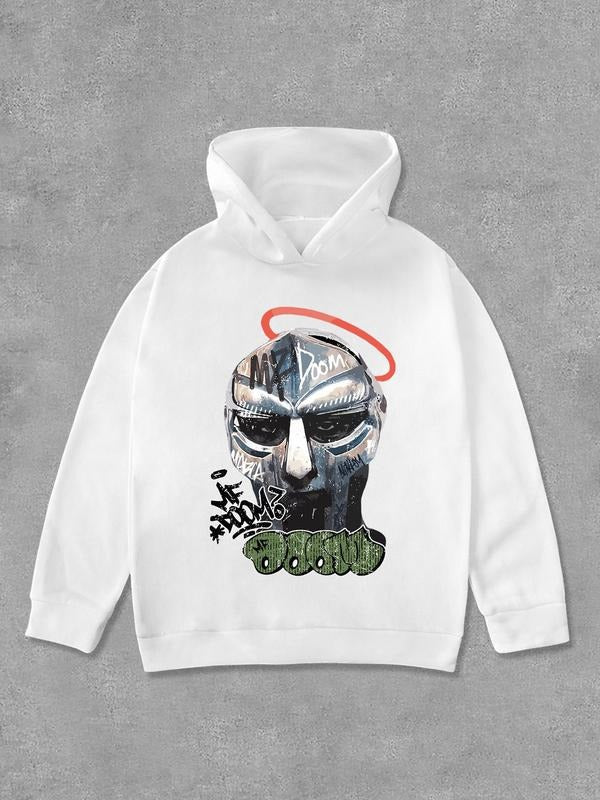 Women's Face Print Drop Shoulder Hoodie, Fashion Casual Long Sleeve Hooded Sweatshirt for Daily Holiday Outdoor Wear, Women Clothing for Fall & Winter