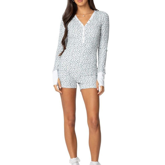 Women's Fall RomperFit Stylish Floral Print Snap Button V Neck Long Sleeve Jumpsuit