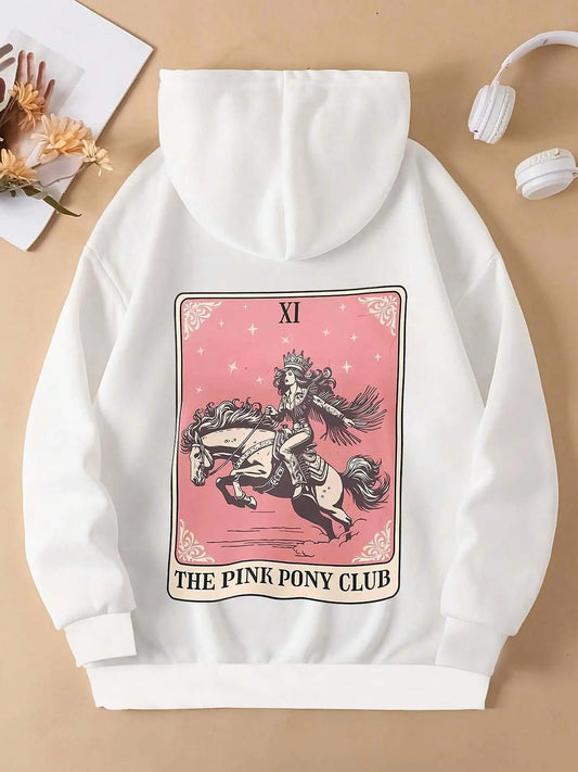 Women's Figure & Horse Print Drop Shoulder Hoodie, Fashion Casual Drawstring Pocket Hooded Sweatshirt for Daily Holiday Outdoor Wear, Women Clothing for Fall & Winter