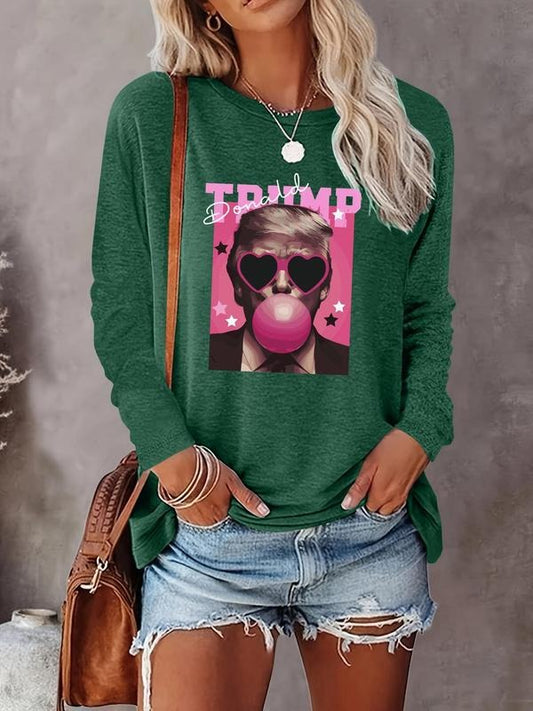 Women's Figure & Letter Print Round Neck T-shirt, Casual Long Sleeve Crew Neck T-shirt for Daily Wear, Ladies Clothes for All Seasons