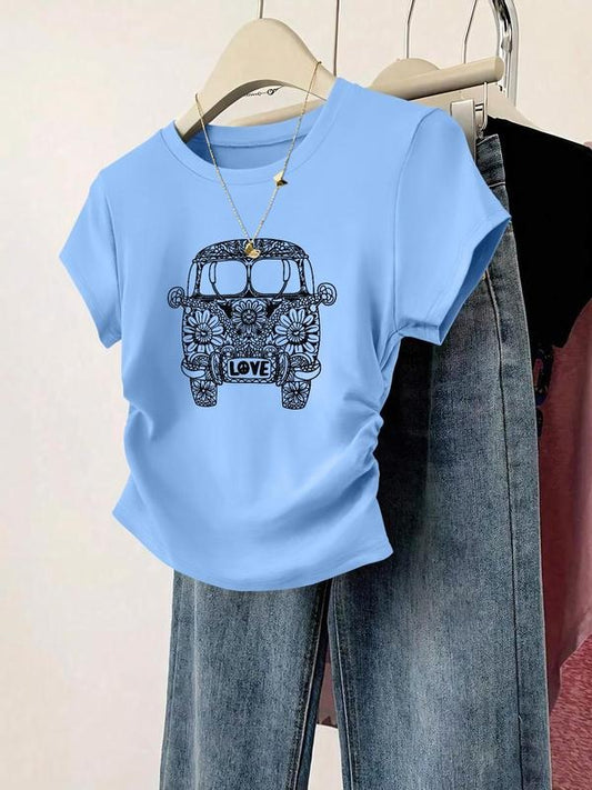 Women's Floral & Car Print Round Neck Tee, Casual Short Sleeve Crew Neck T-shirt for Daily Wear, Ladies Clothes for All Seasons, Top