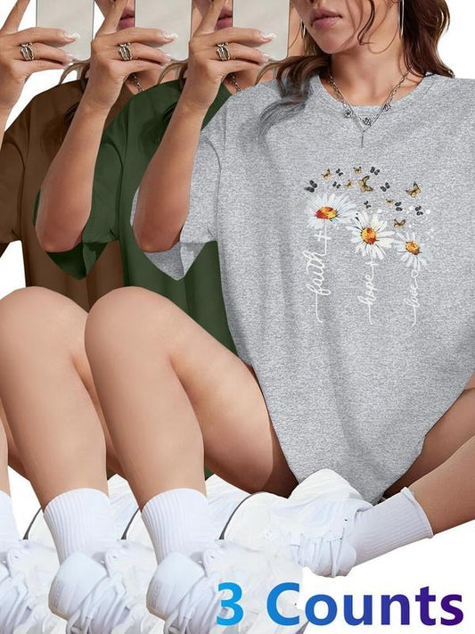 Women's Floral & Letter Print Round Neck Tee, Casual Short Sleeve Crew Neck T-shirt for Daily Wear, Ladies Clothes for All Seasons, Top
