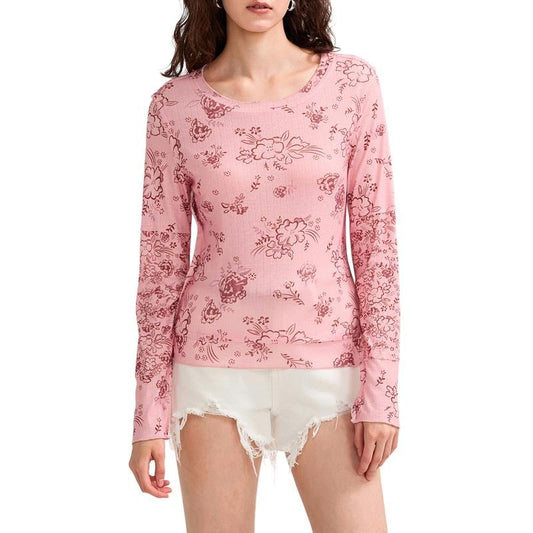 Women's Floral Print T-Shirts Scoop Neck Long SleeveFit Lettuce Trim Casual Spring Tops