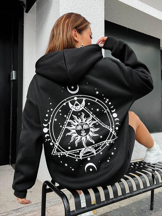 Women's Graphic Drop Shoulder Drawstring Hoodie, Casual Pocket Long Sleeve Hooded Sweatshirt, Ladies Fall & Winter Clothes For Daily Wear