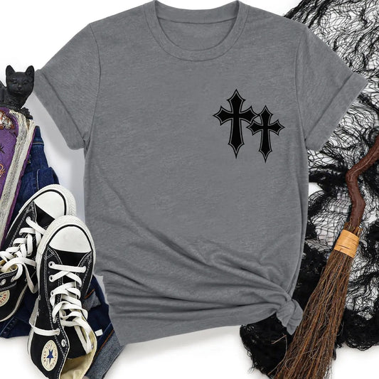 Women's Halloween Cross Print Round Neck Tee, Casual Short Sleeve Crew Neck T-shirt for Summer, Ladies Clothes for Daily Wear
