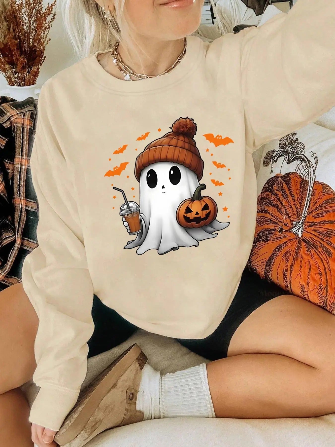 Women's Halloween Ghost & Pumpkin Print Thermal Lined  Sweatshirt, Casual Long Sleeve Round Neck Pullover for Daily Wear, Ladies Clothes for All Seasons