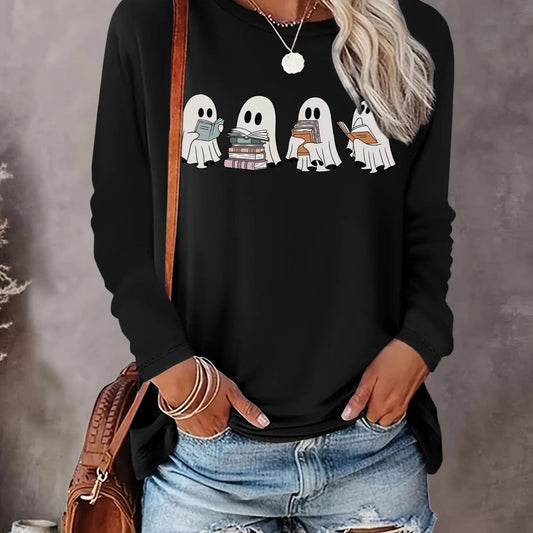Women's Halloween Ghost Print Round Neck Tee, Casual Long Sleeve Crew Neck T-shirt for Fall & Winter, Women's Top for Daily Wear