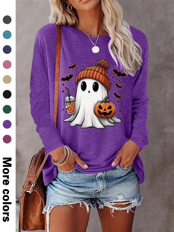 Women's Halloween Pumpkin Print Long Sleeve Round Neck Casual Fitted Longsleeves Top, Soft Comfortable Fabric, Available in 9 Colors