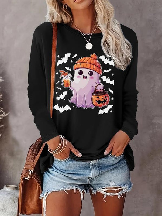Women's Halloween Themed Cartoon Ghost Print Round Neck Tee, Cute Casual Long Sleeve T-Shirt for Daily Wear, Ladies Fall & Winter Clothes