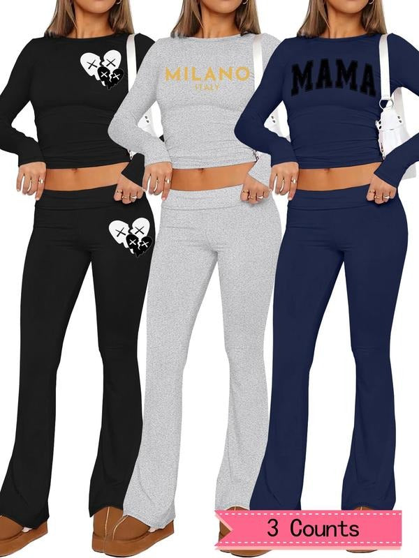 Women's Heart & Letter Print Crop Top & Flare Leg Pants Set, Casual Long Sleeve Top & Bell Bottom Trousers for Spring & Fall, Women's Clothes for Daily Wear