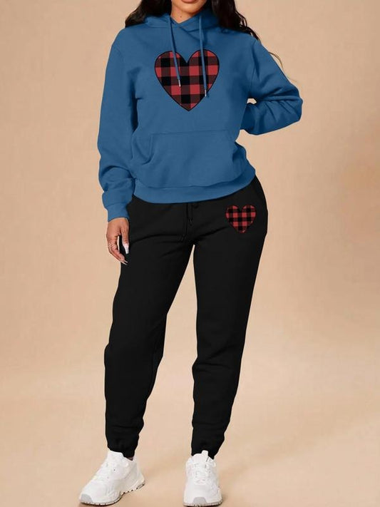 Women's Heart Print Kangaroo Pocket Hoodie & Plain Pocket Sweatpants Two-piece Set, Casual Fashion Cozy Breathable Two Piece Outfits for Daily Wear, Ladies Fall & Winter Clothes Valentine's Day, gift