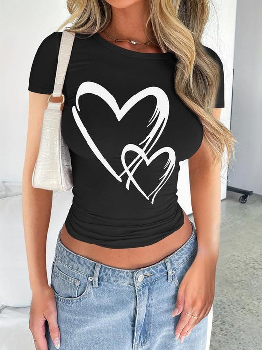Women's Heart Print Round Neck Tee, Casual Short Sleeve Crew Neck T-shirt for Daily Wear, Ladies Clothes for All Seasonsstyle{n002}3